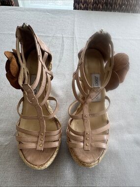 Jimmy Choo Blush Pink Strappy Wedge Sandals with Floral Accent Size 37